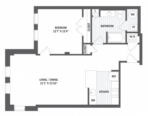 Floor plan for 1 bed, 1 bath, 774 sqft